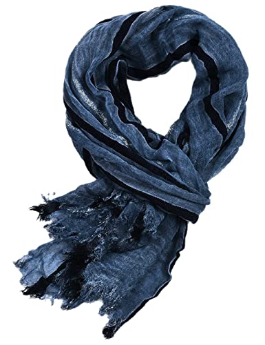 Kangqifen Mens Soft Striped Scarf Cotton Linen Large Scarves for Summer or Winter Navy blue