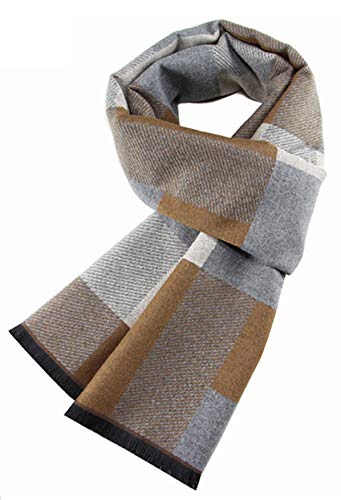 JFAN Men's Winter Scarf Soft Cosy Tartan Check Long Scarf Fashionable Warm Lightweight Feel Wool Scarves-Khaki