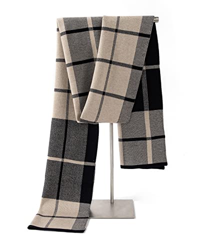 Villand Australian Merino Wool Tartan Knitted Scarf for Men, Plaid Winter Warm Thick Soft Neckwear with Gift Box, 30CM W x 180CM L (Camel Grey Checked)