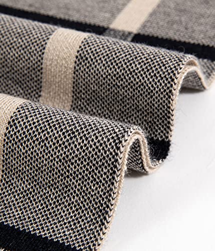 Villand Australian Merino Wool Tartan Knitted Scarf for Men, Plaid Winter Warm Thick Soft Neckwear with Gift Box, 30CM W x 180CM L (Camel Grey Checked)