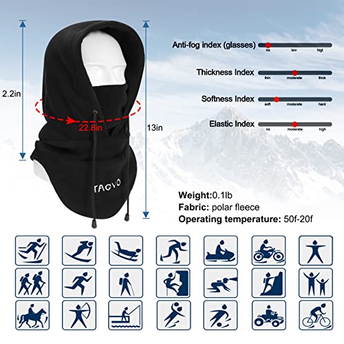TAGVO Winter Thermal Fleece Balaclavas, Soft & Warm Adjustable Hood Hat Skiing Face Cover Face Mask Neck Warmer Snood Neck Gaiter for Running Skiing Cycling Motorbikes Hiking- Men & Women Black
