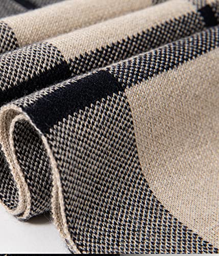 Villand Australian Merino Wool Tartan Knitted Scarf for Men, Plaid Winter Warm Thick Soft Neckwear with Gift Box, 30CM W x 180CM L (Camel Grey Checked)