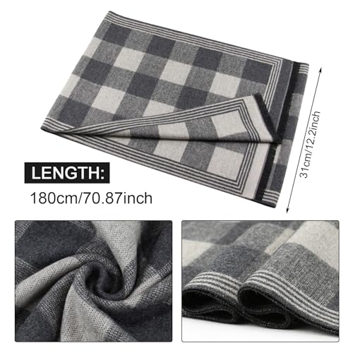 EUPSIIU Men's Scarf, Warm Winter Scarf, Plaid Long Scarf, Knitted Scarf, Black and Grey Scarf, Shawl Neck Wrap, Classical Plaid Scarves, Gifts for Men (Grey and black)