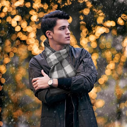 EUPSIIU Men's Scarf, Warm Winter Scarf, Plaid Long Scarf, Knitted Scarf, Black and Grey Scarf, Shawl Neck Wrap, Classical Plaid Scarves, Gifts for Men (Grey and black)