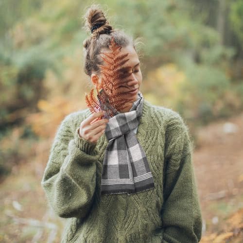 EUPSIIU Men's Scarf, Warm Winter Scarf, Plaid Long Scarf, Knitted Scarf, Black and Grey Scarf, Shawl Neck Wrap, Classical Plaid Scarves, Gifts for Men (Grey and black)