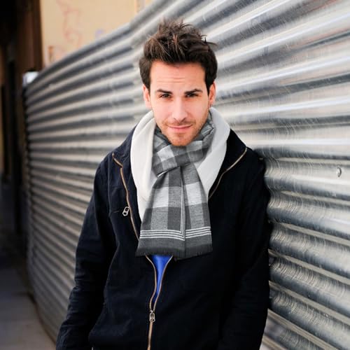 EUPSIIU Men's Scarf, Warm Winter Scarf, Plaid Long Scarf, Knitted Scarf, Black and Grey Scarf, Shawl Neck Wrap, Classical Plaid Scarves, Gifts for Men (Grey and black)