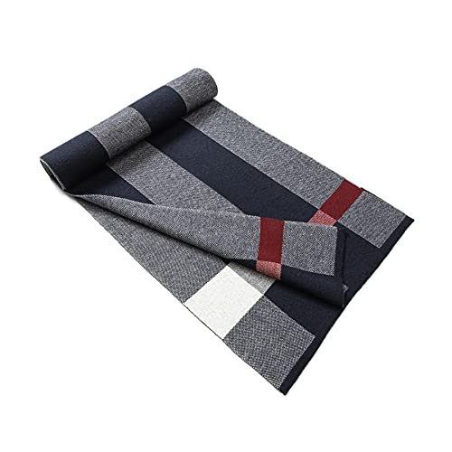Lindoro Merino Wool Scarf for Men, Tartan Warm Lightweight Plaid Winter Long Scarves w/Gift Box (Navy & White)