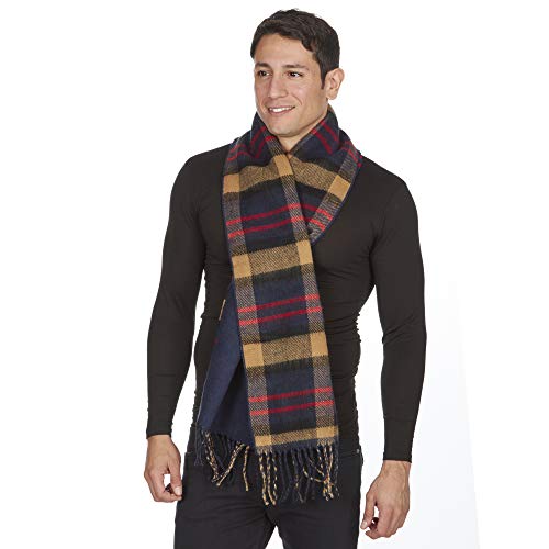 Atano Mens Reversible Checked Scarf with Tassels Blue(Size: One Size)