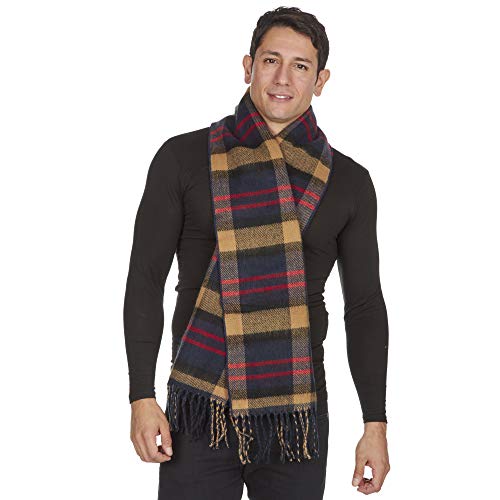 Atano Mens Reversible Checked Scarf with Tassels Blue(Size: One Size)