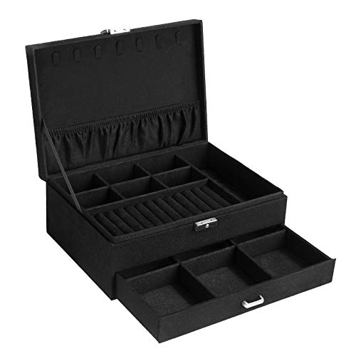 SONGMICS Jewellery Box, Jewellery Case, 2 Levels with a Drawer and Key, for Rings Watches Necklaces Earrings, Black JBC156B01