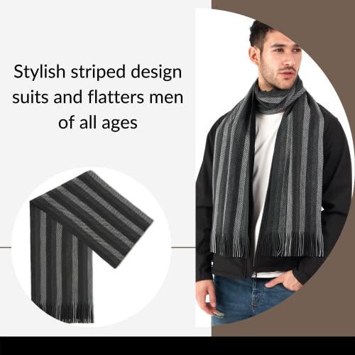 LOVARZI Men's Scarf Black & Grey Knitted Mens Scarves Striped- Warm Winter Men Scarfs - Designer Long Neck Scarves For Man : Present Ideas: Gifts for Teenage Boys, Father, Brother, Son & Friend