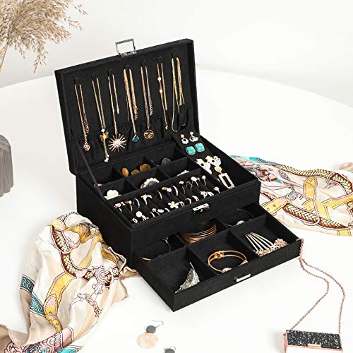 SONGMICS Jewellery Box, Jewellery Case, 2 Levels with a Drawer and Key, for Rings Watches Necklaces Earrings, Black JBC156B01