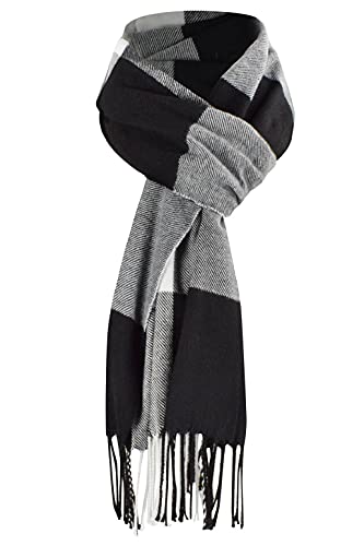 heekpek Mens Scarves Winter Soft Warm Tassel Scarf for Women Men Cashmere Feel Stripe Plaid Tartan Scarf, Black and white, One Size