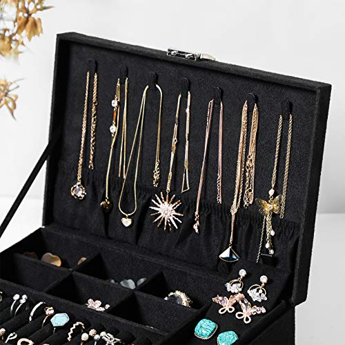 SONGMICS Jewellery Box, Jewellery Case, 2 Levels with a Drawer and Key, for Rings Watches Necklaces Earrings, Black JBC156B01