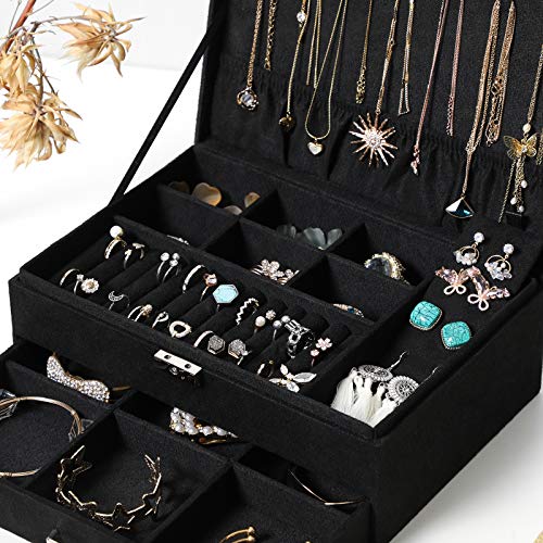 SONGMICS Jewellery Box, Jewellery Case, 2 Levels with a Drawer and Key, for Rings Watches Necklaces Earrings, Black JBC156B01