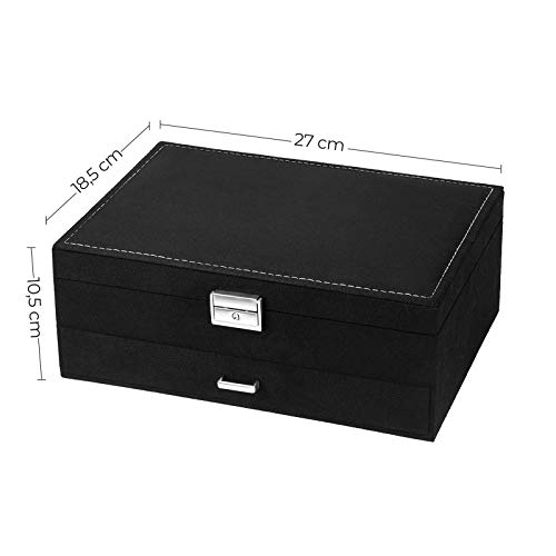 SONGMICS Jewellery Box, Jewellery Case, 2 Levels with a Drawer and Key, for Rings Watches Necklaces Earrings, Black JBC156B01