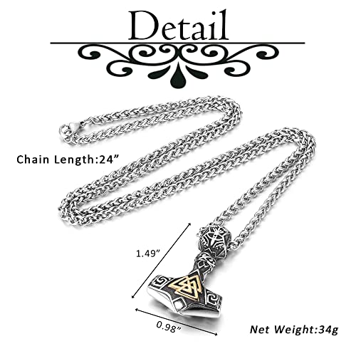 AllerPierce Nordic Viking Necklace Stainless Steel Thor Mjolnir Odin Raven Valknut Vegvisir Pendant Necklace Norse Viking Thor hammer Amulet Jewellery for Men Women Gifts (Gold)