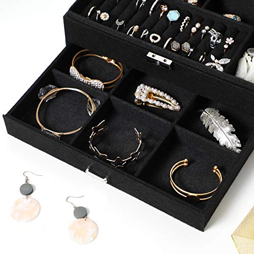 SONGMICS Jewellery Box, Jewellery Case, 2 Levels with a Drawer and Key, for Rings Watches Necklaces Earrings, Black JBC156B01