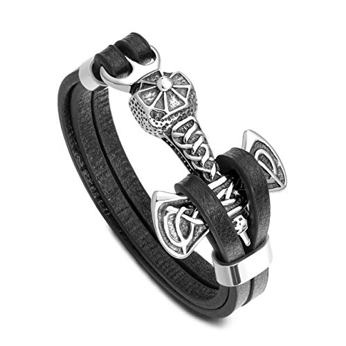PiercingJ Mens Viking Thor's Hammer Mjolnir Bracelet Stainless Steel Celtic Knot Hammer Black Genuine Leather Bracelet Viking Wristband for Men