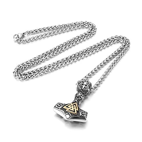 AllerPierce Nordic Viking Necklace Stainless Steel Thor Mjolnir Odin Raven Valknut Vegvisir Pendant Necklace Norse Viking Thor hammer Amulet Jewellery for Men Women Gifts (Gold)