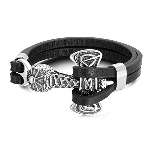 PiercingJ Mens Viking Thor's Hammer Mjolnir Bracelet Stainless Steel Celtic Knot Hammer Black Genuine Leather Bracelet Viking Wristband for Men