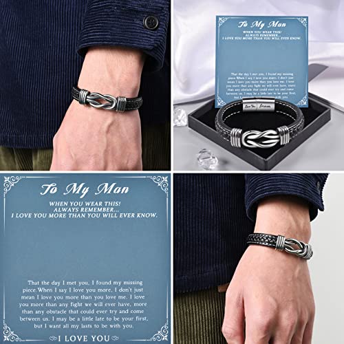 VU100 Men Braided Leather Bracelet,To My Man Stainless Steel Love You Forever Braided Leather Knot Bracelet Inspirational Bangle Wristband,Jewelry Gift for Him(9 inch)