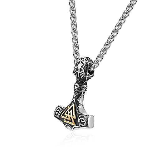 AllerPierce Nordic Viking Necklace Stainless Steel Thor Mjolnir Odin Raven Valknut Vegvisir Pendant Necklace Norse Viking Thor hammer Amulet Jewellery for Men Women Gifts (Gold)
