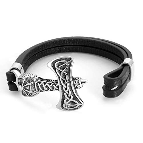 PiercingJ Mens Viking Thor's Hammer Mjolnir Bracelet Stainless Steel Celtic Knot Hammer Black Genuine Leather Bracelet Viking Wristband for Men