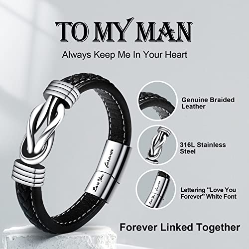 VU100 Men Braided Leather Bracelet,To My Man Stainless Steel Love You Forever Braided Leather Knot Bracelet Inspirational Bangle Wristband,Jewelry Gift for Him(9 inch)
