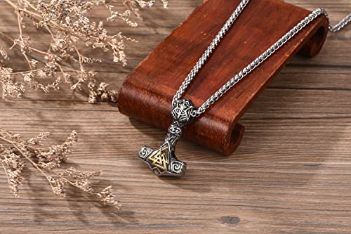 AllerPierce Nordic Viking Necklace Stainless Steel Thor Mjolnir Odin Raven Valknut Vegvisir Pendant Necklace Norse Viking Thor hammer Amulet Jewellery for Men Women Gifts (Gold)