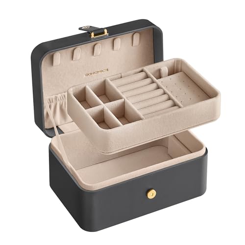 SONGMICS Jewellery Box, 2-Layer Jewellery Storage, 11 x 16 x 8 cm Travel Jewellery Box, Portable Jewellery Case, Small, Spacious, for Larger Accessories, Gift Idea, Slate Grey JBC166G01