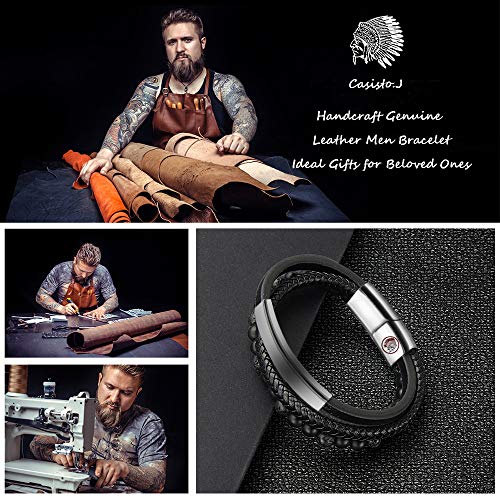 Mens Leather Bracelet – Classic Handmade Braided Black & Brown Cuff Bracelet with Engraved Magnetic Clasp FREE Jewelry GIFT Boxed (Black, 20)