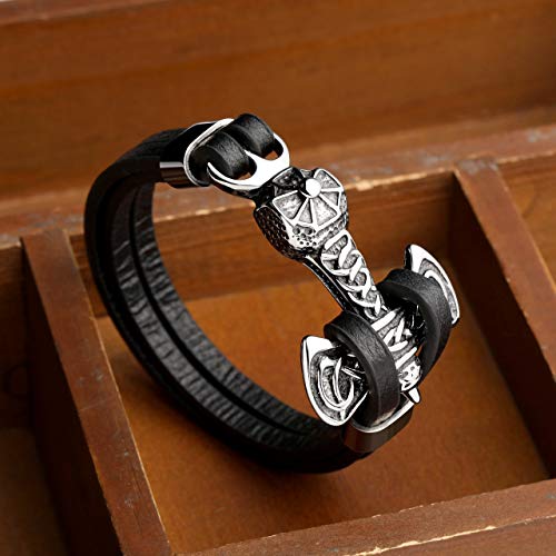 PiercingJ Mens Viking Thor's Hammer Mjolnir Bracelet Stainless Steel Celtic Knot Hammer Black Genuine Leather Bracelet Viking Wristband for Men