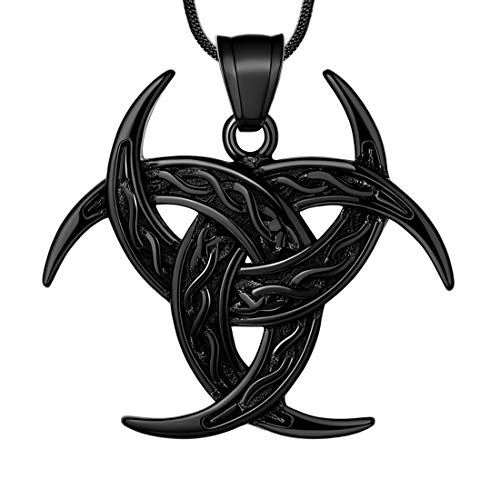 Celtic Knot Necklace Viking Pendant - Celtic Norse Triple Odin Horn Crescent Moon of Oden Necklace Mens 316L Stainless Steel Triskelion Amulet Pendant Pewter Tribal Protection Triskele Jewelry SP0053B