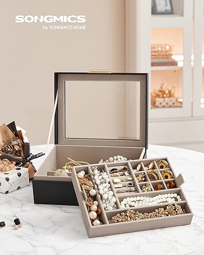 SONGMICS Jewellery Box with Glass Lid, 2-Layer Jewellery Organiser with Removable Tray, Jewellery Storage, Modern Style, Gift for Loved Ones, Graphite Black and Metallic Gold JBC238B01