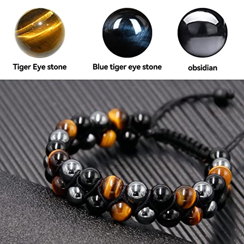 TOLOWOBK Mens Bracelet Gifts Tiger Eye Bracelet Black Obsidian Crystal Bracelet Triple Protection Beaded Bracelets for Men Boys Birthday Valentines Day Gifts for Him Boyfriend Husband Dad Son Grandson
