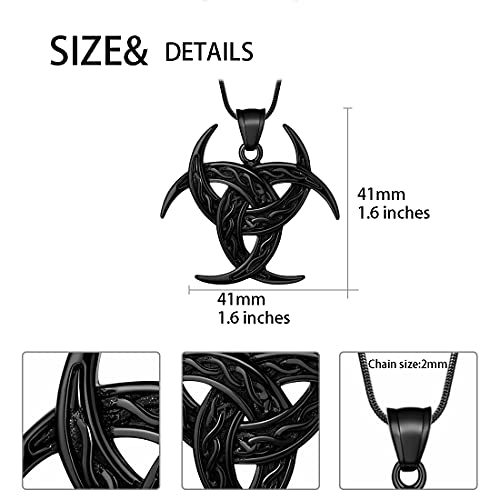 Celtic Knot Necklace Viking Pendant - Celtic Norse Triple Odin Horn Crescent Moon of Oden Necklace Mens 316L Stainless Steel Triskelion Amulet Pendant Pewter Tribal Protection Triskele Jewelry SP0053B