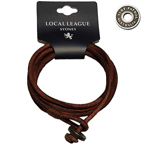 LOCAL LEAGUE Mens Leather Bracelet SURF PATROL AUSTRALIA - Fully Adjustable - NATURAL BROWN Multilayer Cord Surfer Wristband for Men Distressed Rope Festival Vacation BEACH Party, Boyfriend