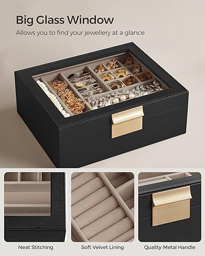 SONGMICS Jewellery Box with Glass Lid, 2-Layer Jewellery Organiser with Removable Tray, Jewellery Storage, Modern Style, Gift for Loved Ones, Graphite Black and Metallic Gold JBC238B01