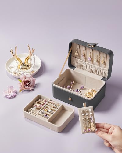 SONGMICS Jewellery Box, 2-Layer Jewellery Storage, 11 x 16 x 8 cm Travel Jewellery Box, Portable Jewellery Case, Small, Spacious, for Larger Accessories, Gift Idea, Slate Grey JBC166G01