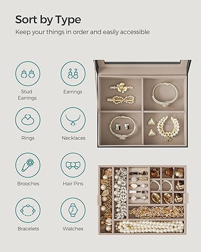 SONGMICS Jewellery Box with Glass Lid, 2-Layer Jewellery Organiser with Removable Tray, Jewellery Storage, Modern Style, Gift for Loved Ones, Graphite Black and Metallic Gold JBC238B01