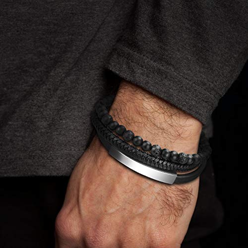 Mens Leather Bracelet – Classic Handmade Braided Black & Brown Cuff Bracelet with Engraved Magnetic Clasp FREE Jewelry GIFT Boxed (Black, 20)