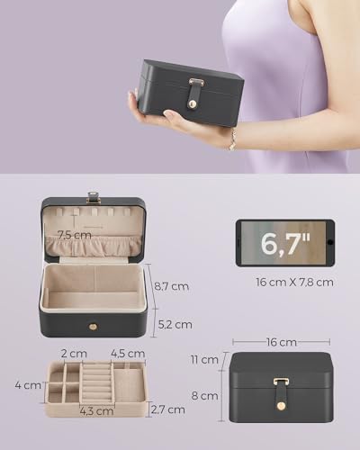 SONGMICS Jewellery Box, 2-Layer Jewellery Storage, 11 x 16 x 8 cm Travel Jewellery Box, Portable Jewellery Case, Small, Spacious, for Larger Accessories, Gift Idea, Slate Grey JBC166G01