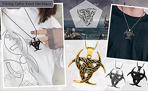 Celtic Knot Necklace Viking Pendant - Celtic Norse Triple Odin Horn Crescent Moon of Oden Necklace Mens 316L Stainless Steel Triskelion Amulet Pendant Pewter Tribal Protection Triskele Jewelry SP0053B