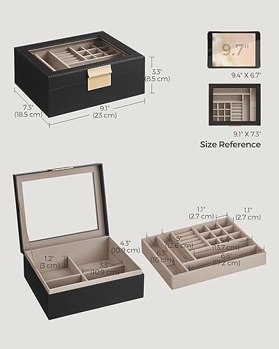 SONGMICS Jewellery Box with Glass Lid, 2-Layer Jewellery Organiser with Removable Tray, Jewellery Storage, Modern Style, Gift for Loved Ones, Graphite Black and Metallic Gold JBC238B01