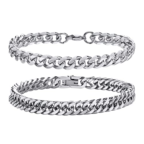 TempBeau Mens Bracelets Curb Gifts Dad: Cuban Chunky Bracelet 2 Pack 9mm Silver Hand Chains Stainless Steel Hip Pop Rapper Unisex Jewelry Gift