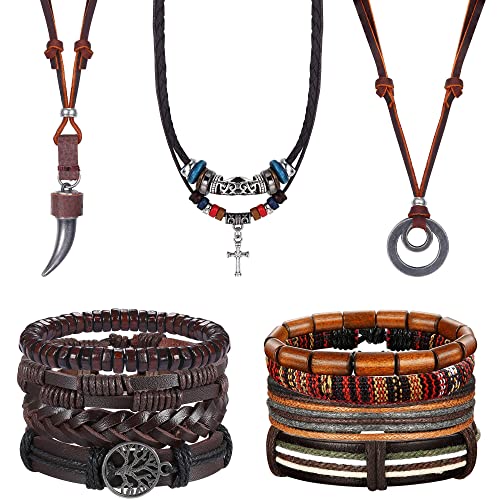 Kakonia 13Pcs Mens Bracelets Necklace Jewelry Set Adjustable Leather Bracelets Necklace for Men Black Brown Tribal Double Circle Pendant Necklaces Handmade Braided Bracelets