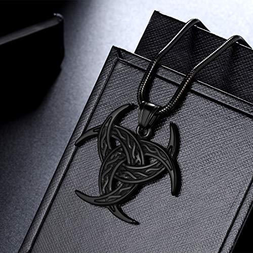 Celtic Knot Necklace Viking Pendant - Celtic Norse Triple Odin Horn Crescent Moon of Oden Necklace Mens 316L Stainless Steel Triskelion Amulet Pendant Pewter Tribal Protection Triskele Jewelry SP0053B