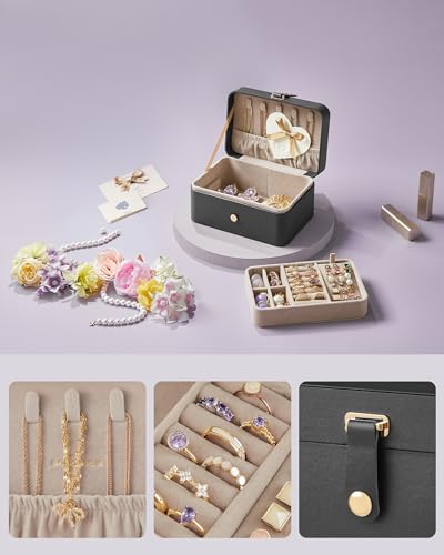 SONGMICS Jewellery Box, 2-Layer Jewellery Storage, 11 x 16 x 8 cm Travel Jewellery Box, Portable Jewellery Case, Small, Spacious, for Larger Accessories, Gift Idea, Slate Grey JBC166G01