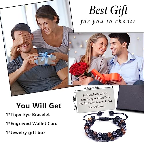 TOLOWOBK Mens Bracelet Gifts Tiger Eye Bracelet Black Obsidian Crystal Bracelet Triple Protection Beaded Bracelets for Men Boys Birthday Valentines Day Gifts for Him Boyfriend Husband Dad Son Grandson